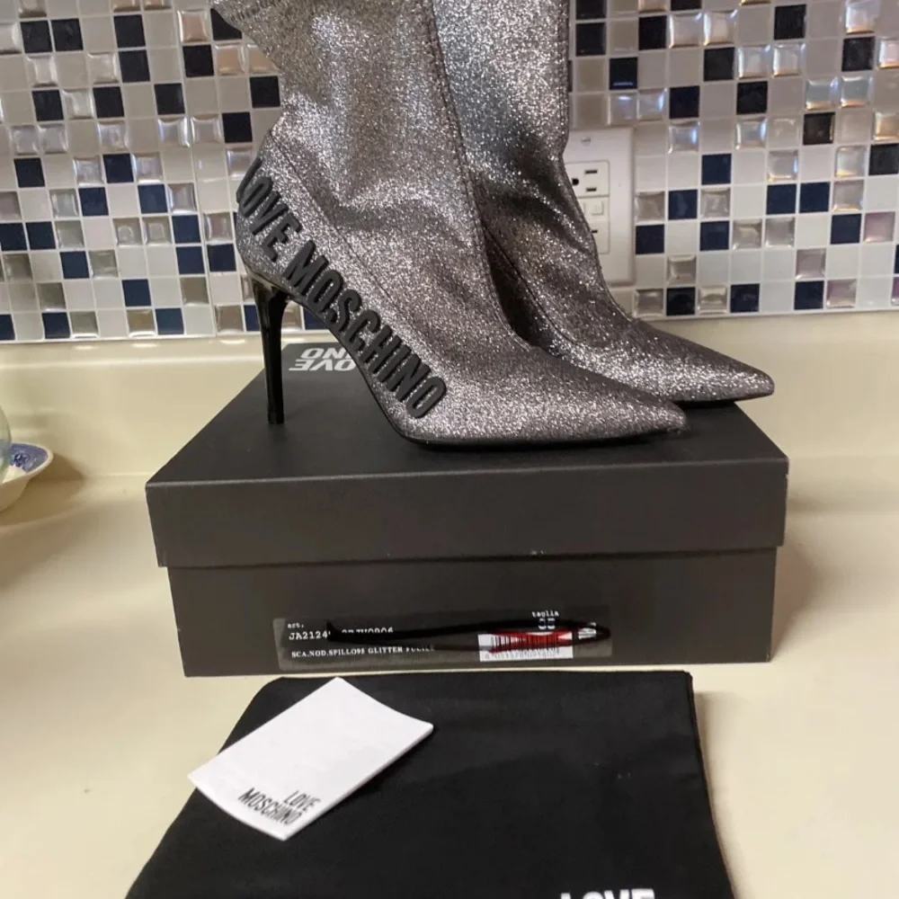 Moschino Love Boots Ankle Logo Booties Stretch Pointy Toe Shoes 35 - Picture 1 of 3